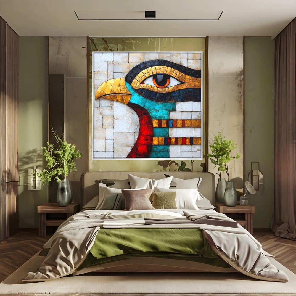 Tablou canvas cu tablou canvas cu mozaic egiptean si ochiul lui horus, in rama de aluminiu argintiu, pe perete intr-un dormitor